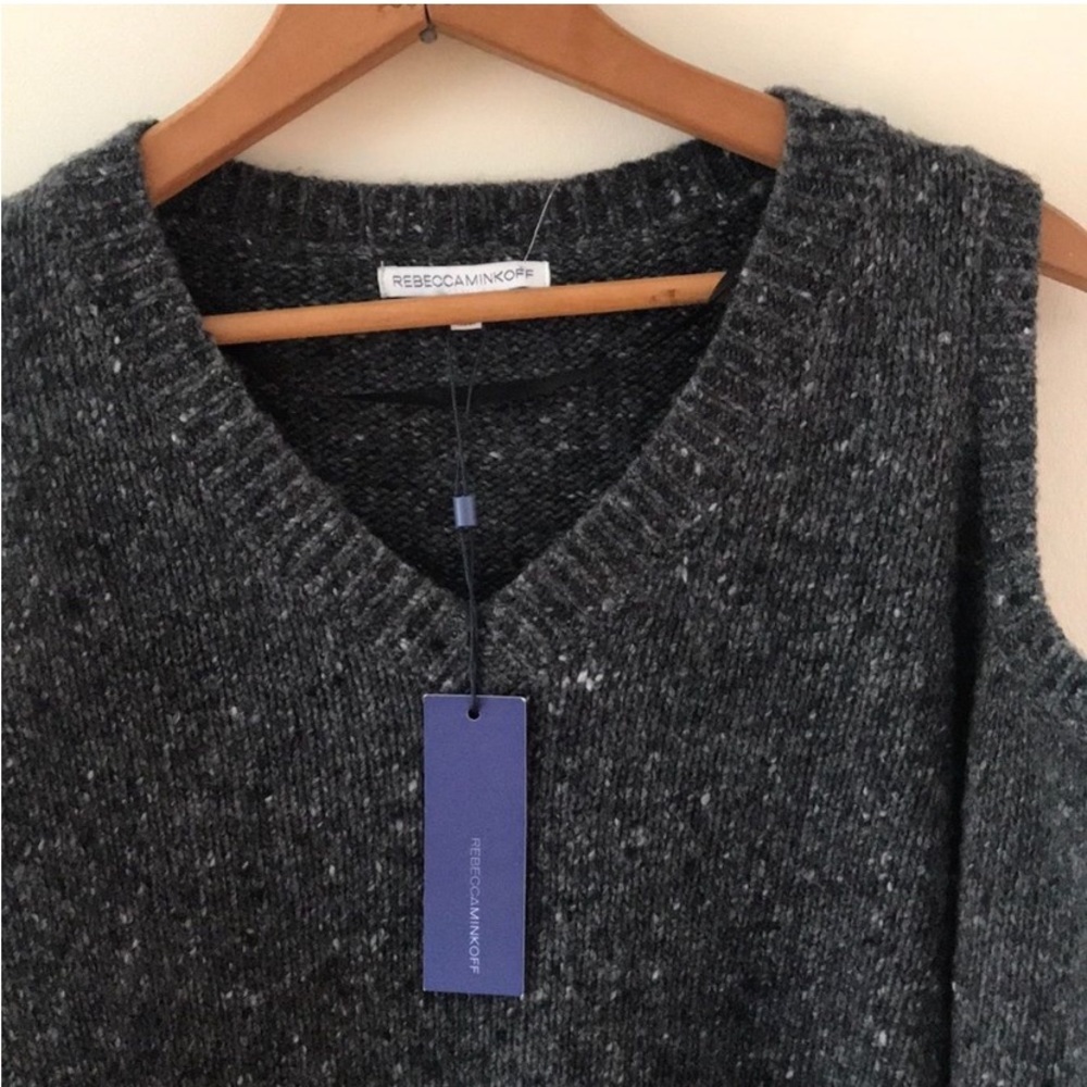 Rebecca Minkoff Marled Charcoal Knit Alpaca Wool Cold Shoulder V-Neck Sweater - Picture 9 of 13